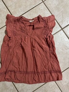 Lucky Brand Rust Pintuck & Lace Short Sleeve Blouse